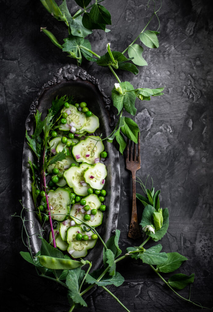 Summer cucumber and pea salad shot by Jena Carlin with her favorite gear